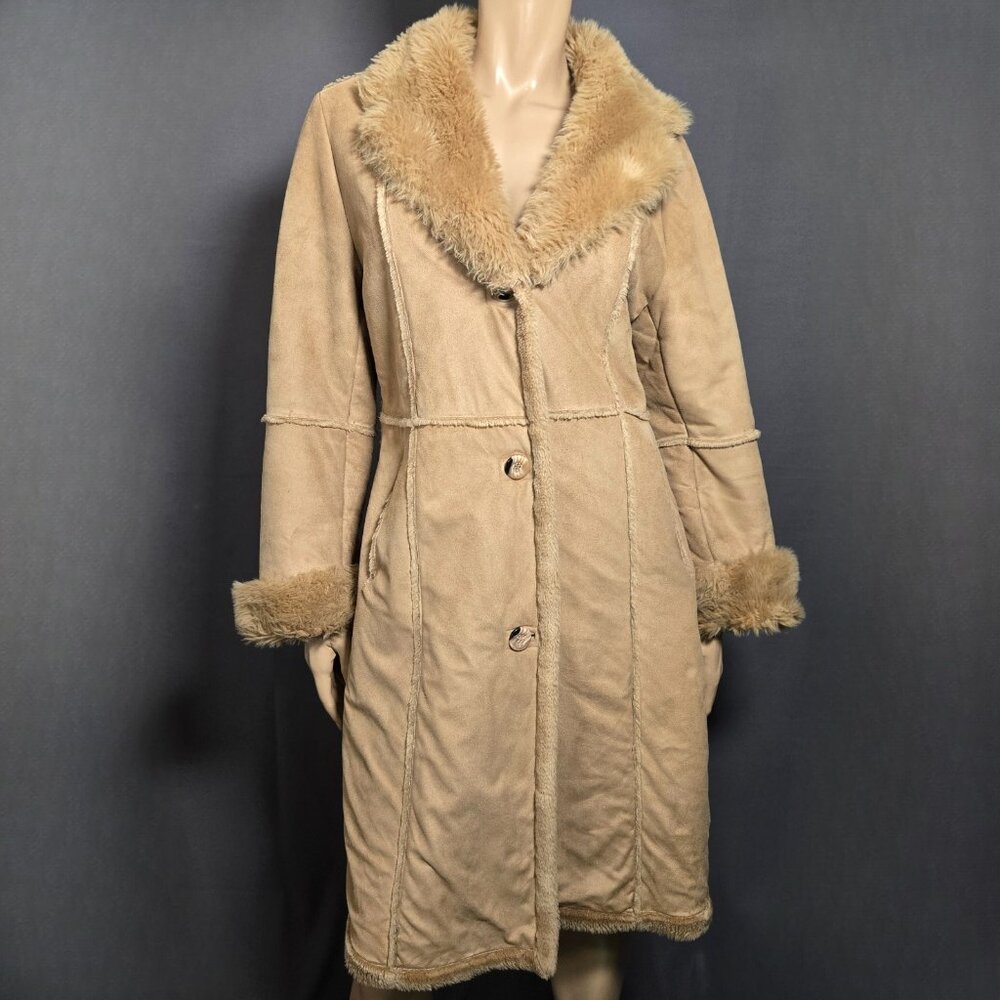 Vintage 90s Penny Lane Coat Size M Boho Long Beige Faux Fur Faux Suede Jacket